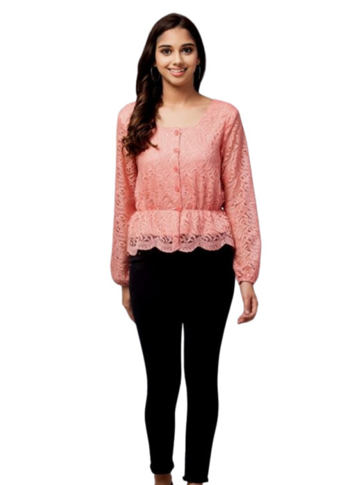 Peach Bishop Sleeve Peplum Lace Fabric Top From Swadeshi Couture