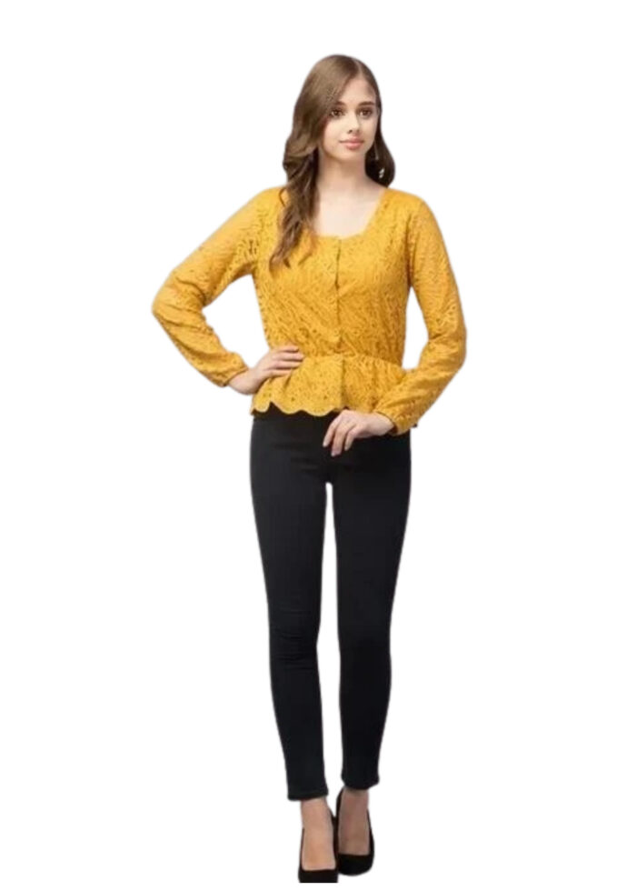 Mustard Bishop Sleeve Peplum Lace Fabric Top From Swadeshi Couture