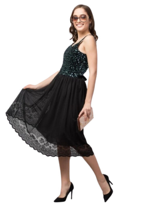 Green Fit and Flare Sequins Dress From Swadeshi Couture