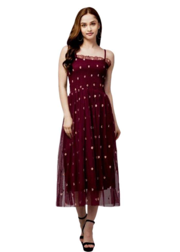 Wine Color Flare Net Dress from Swadeshi Couture