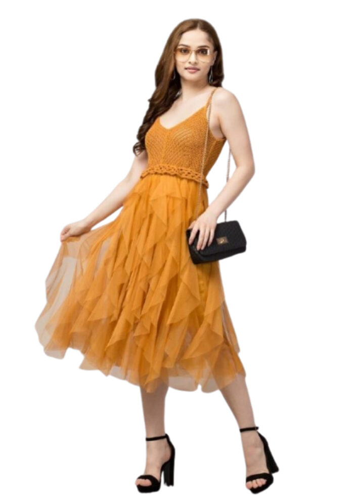 Mustard A-Line Net Dress From Swadeshi Couture