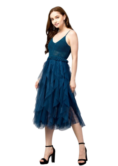 Blue A-Line Crosia and Net Dress From Swadeshi Zone
