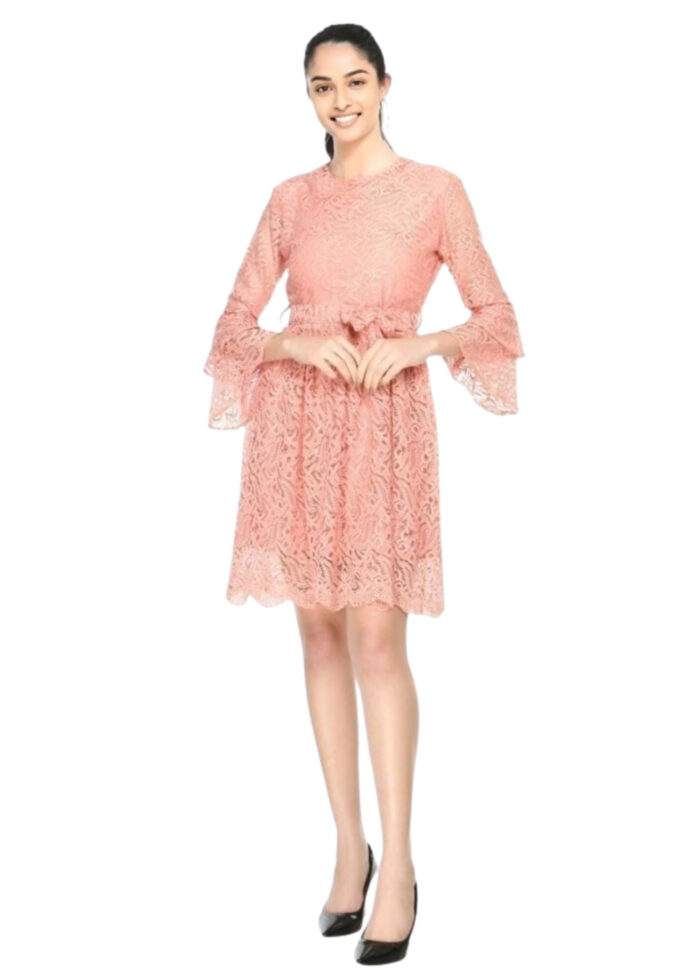 Peach Women Fit and Flare Lace Fabric Dress From Swadeshi Zone