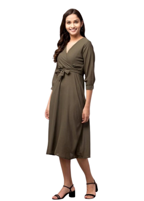 Olive Georgette Women Dress From Swadeshi Zone - Image 2