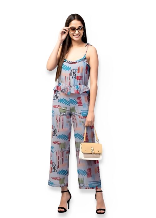 Grey Multi Print Georgette Jumpsuit with Lining From Swadeshi Couture