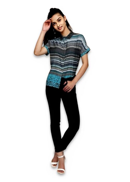 Turquoise Multicolor Printed American Crepe Top From Swadeshi Couture