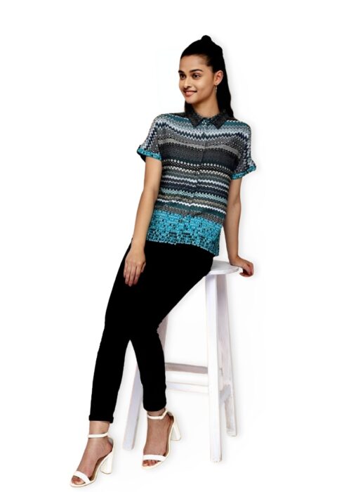 Turquoise Multicolor Printed American Crepe Top From Swadeshi Couture - Image 2