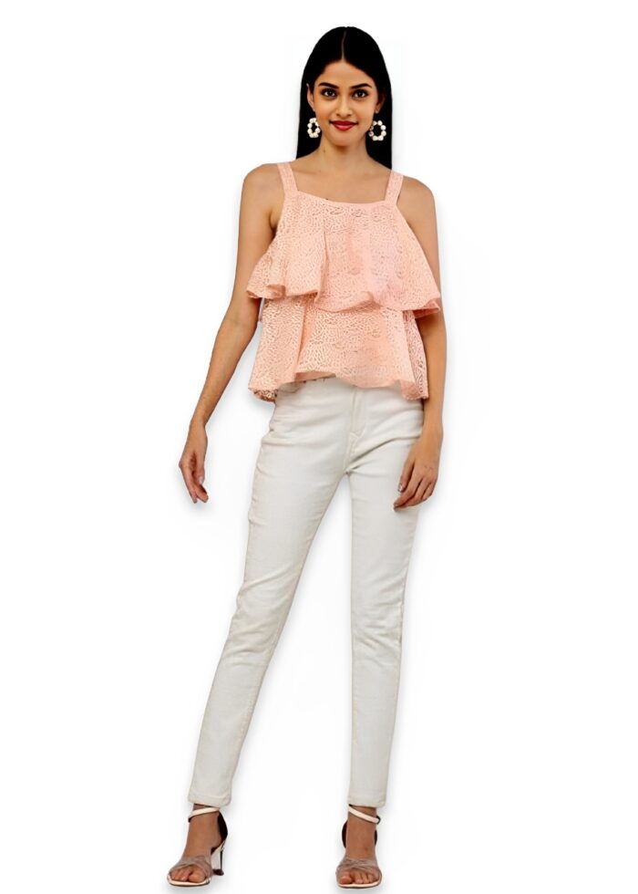 Pink Double Layer Net Top From Swadeshi Couture