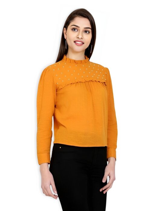 Plain Orange Pearl Beaded Coton Frill Top From Swadeshi Couture - Image 2