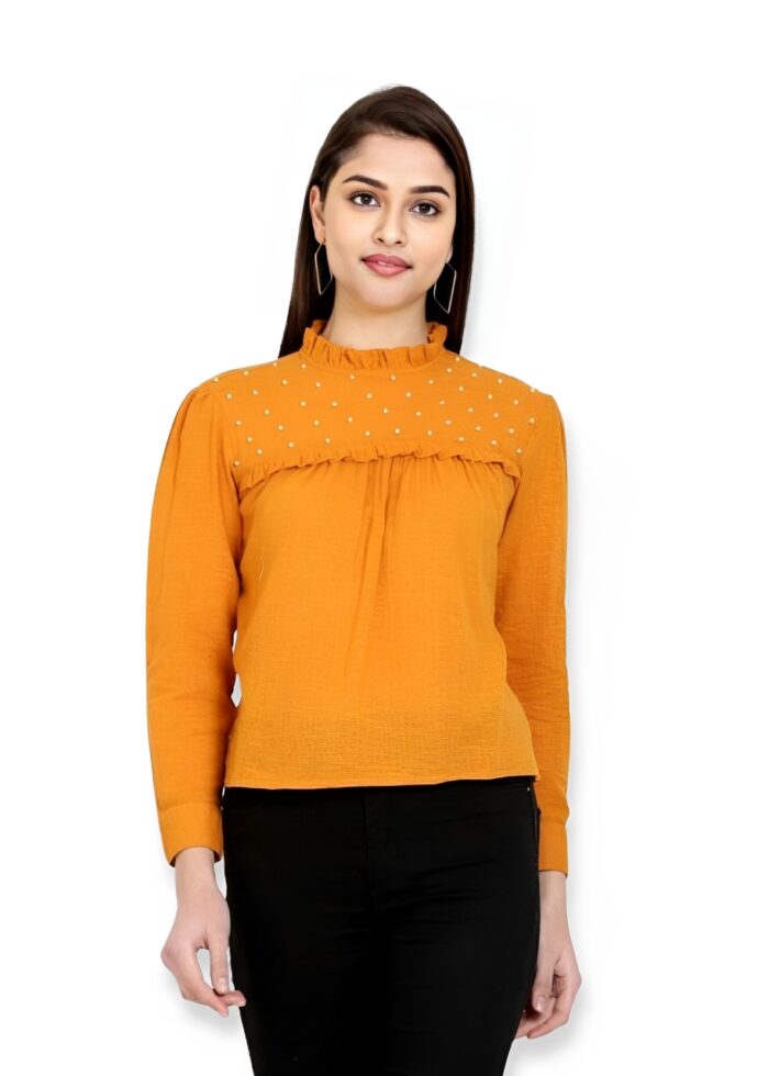 Plain Orange Pearl Beaded Coton Frill Top From Swadeshi Couture