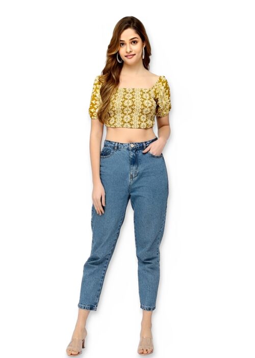 Mustard Smoke Work American Crepe Crop Top From Swadeshi Couture