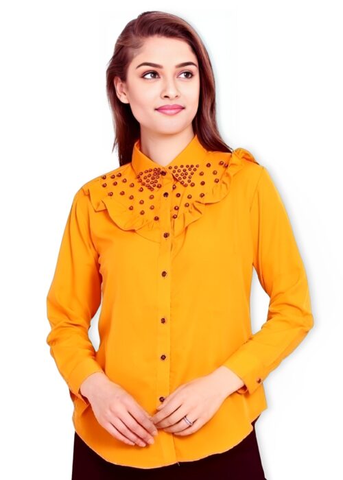Mustard Pearl Beaded American Crepe Frill Top From Swadeshi Couture - Image 2