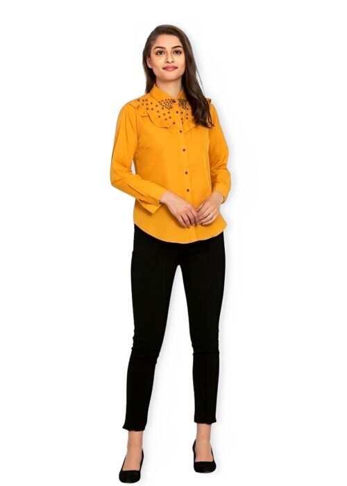 Mustard Pearl Beaded American Crepe Frill Top From Swadeshi Couture