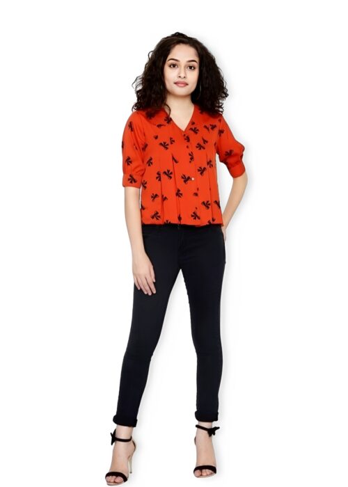 Red Printed American Crepe Pleated Top From Swadeshi Couture