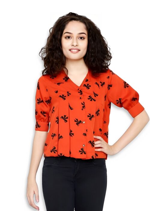 Red Printed American Crepe Pleated Top From Swadeshi Couture - Image 2
