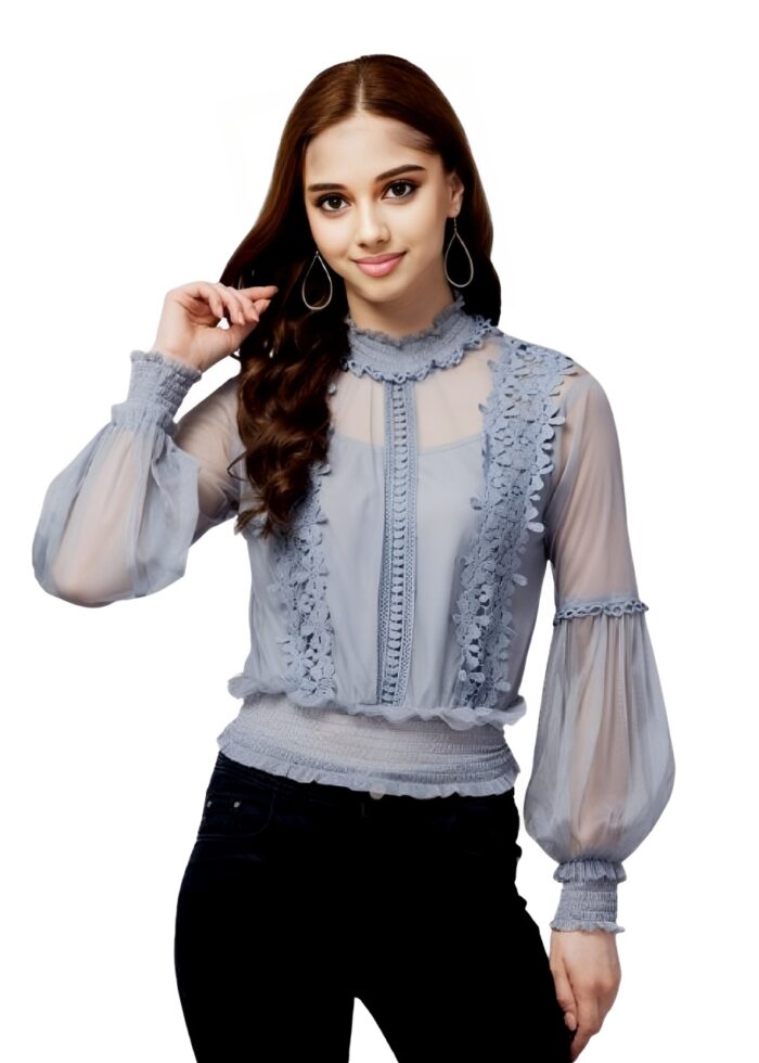 Puff Sleeve Grey Embellished Net Fabric Womens Top From Swadeshi Couture