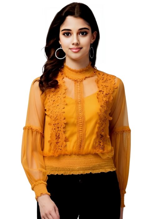 Puff Sleeve Mustard Embellished Net Fabric Womens Top From Swadeshi Couture - Image 2