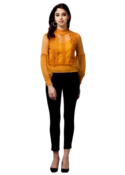 Puff Sleeve Mustard Embellished Net Fabric Womens Top From Swadeshi Couture