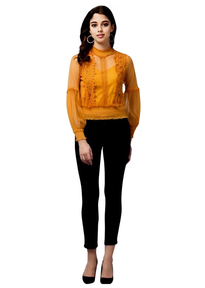 Puff Sleeve Mustard Embellished Net Fabric Womens Top From Swadeshi Couture