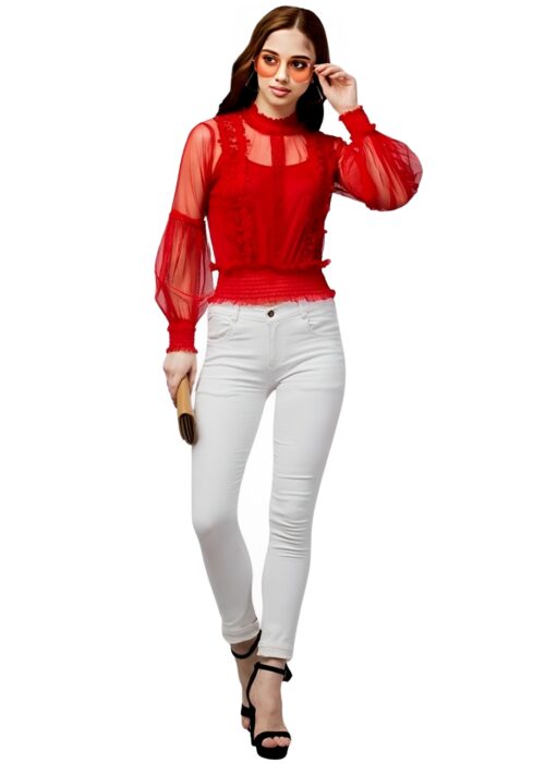 Puff Sleeve Red Embellished Net Fabric Womens Top From Swadeshi Couture