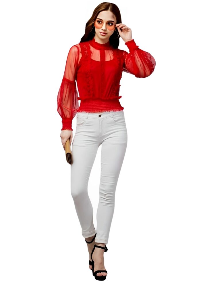 Puff Sleeve Red Embellished Net Fabric Womens Top From Swadeshi Couture