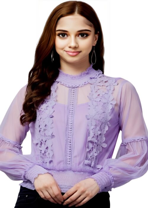 Puff Sleeve Fuchsia Embellished Net Fabric Womens Top From Swadeshi Couture - Image 2