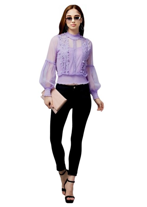 Puff Sleeve Fuchsia Embellished Net Fabric Womens Top From Swadeshi Couture