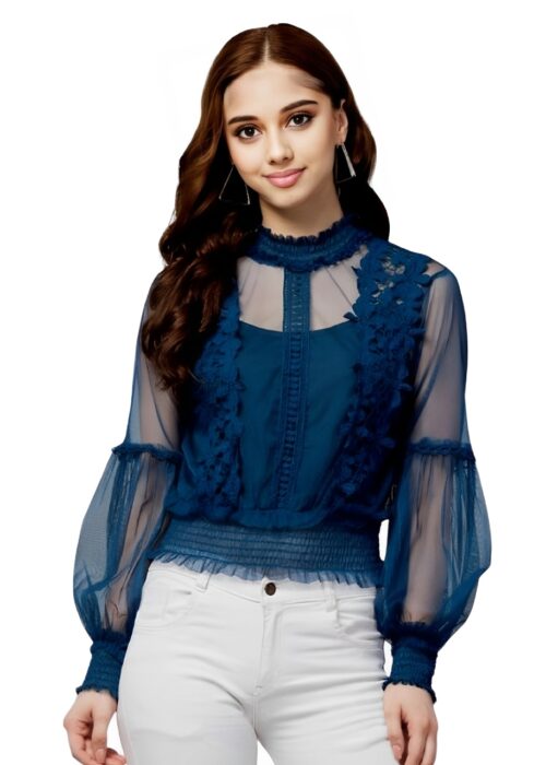 Puff Sleeve Teal Embellished Net Fabric Womens Top From Swadeshi Couture - Image 2