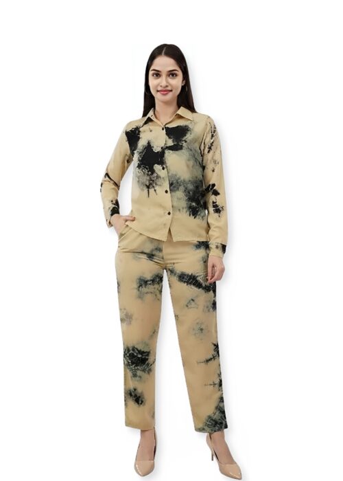 Beige Tie Dye Printed Imported Fabric Cord Set From Swadeshi Couture