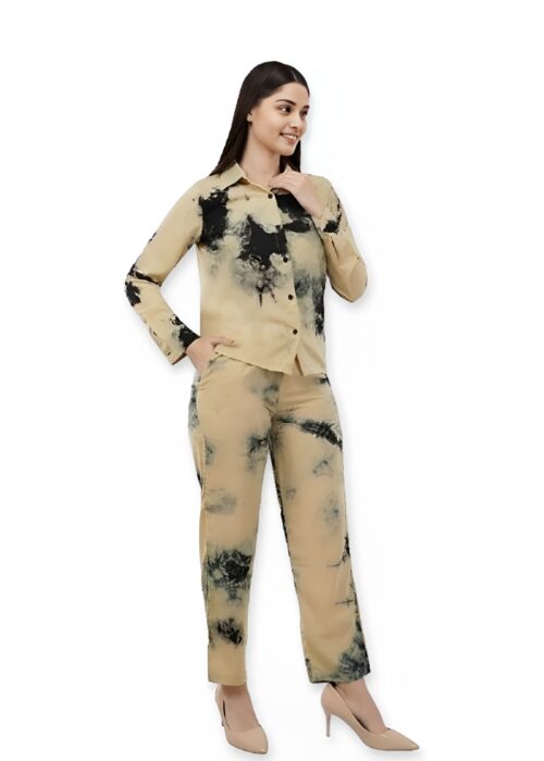 Beige Tie Dye Printed Imported Fabric Cord Set From Swadeshi Couture - Image 2