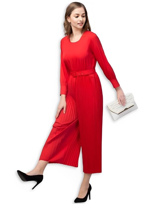 Red Pleating American Crepe Embellished Jumpsuit From Swadeshi Couture