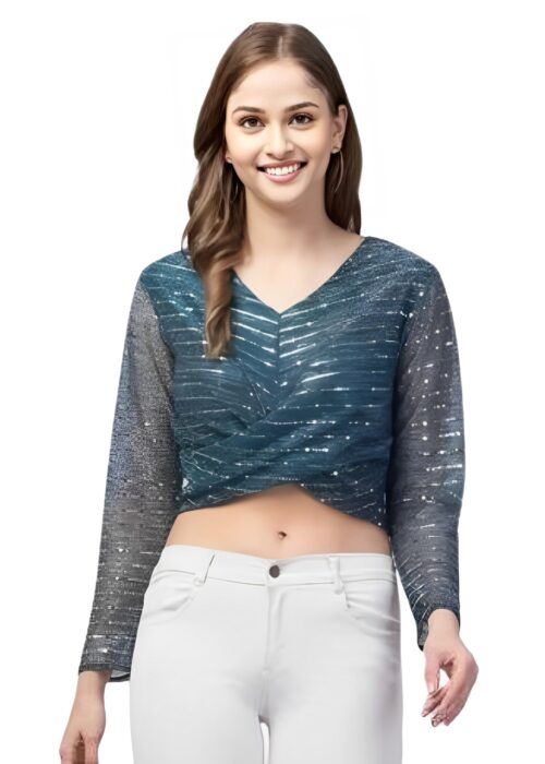 Blue Casual Embellished Shimmer Fabric Top From Swadeshi Couture